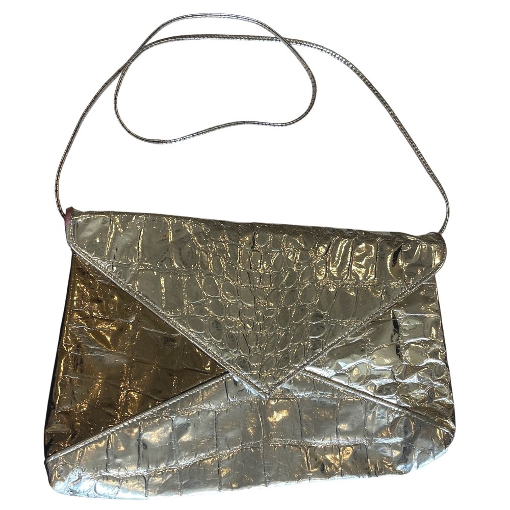 Vintage Silver Metallic Croc Embossed Envelope Clutch Crossbody Evening Bag